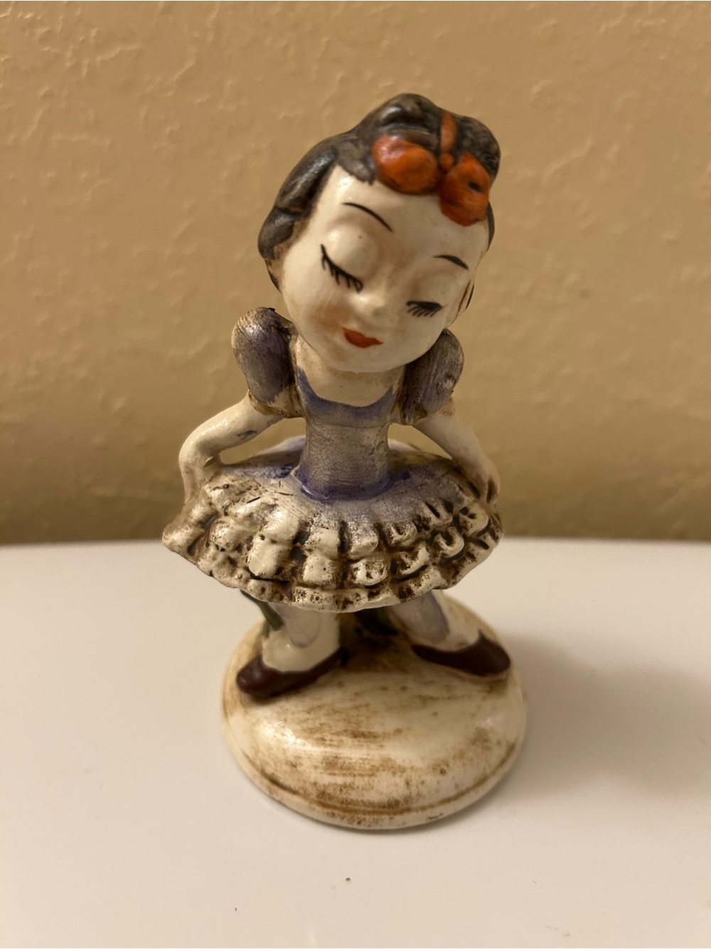 Vintage Hand-Painted Ceramic Ballerina Figurine in Cream and Purple, Japan